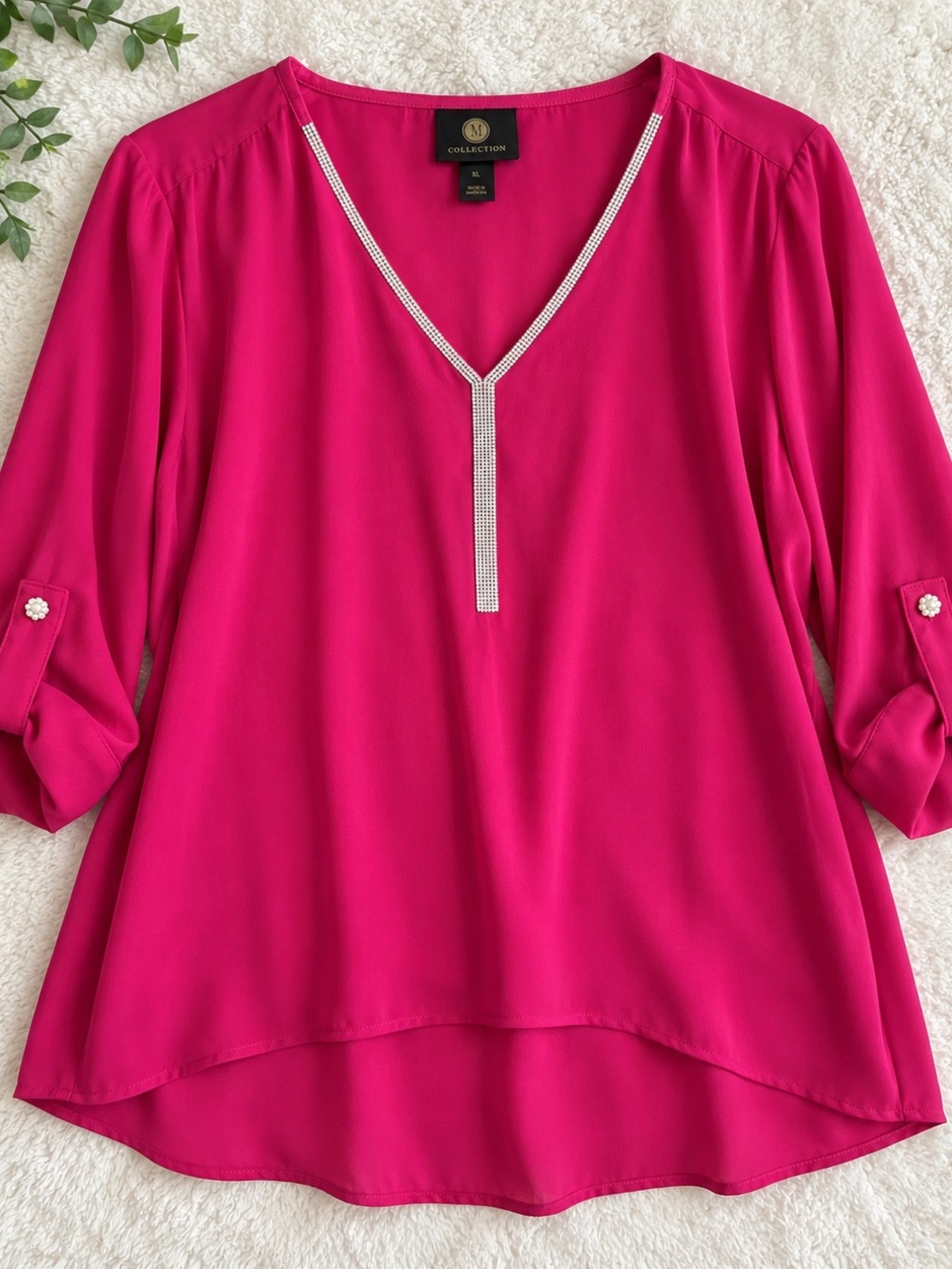 JM Collection Fuchsia V-Neck Blouse with Rhinestone Trim, size XL